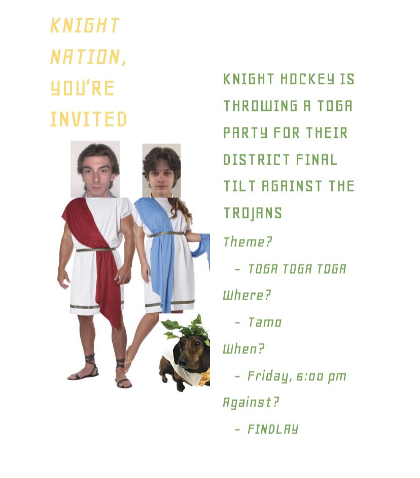 SFSStudSect's tweet photo. KNIGHT HOCKEY 🏒HAS A TRIP TO COLUMBUS ON THE LINE TOMORROW ‼️ AGAINST FINDLAY 🤮 IN THE DISTRICT FINAL 🥇

TAMO 📍 

@ 6 ⏰

WEAR YOUR TOGA AND GET ROWDY 🗣 https://t.co/MFIXqb2i8M