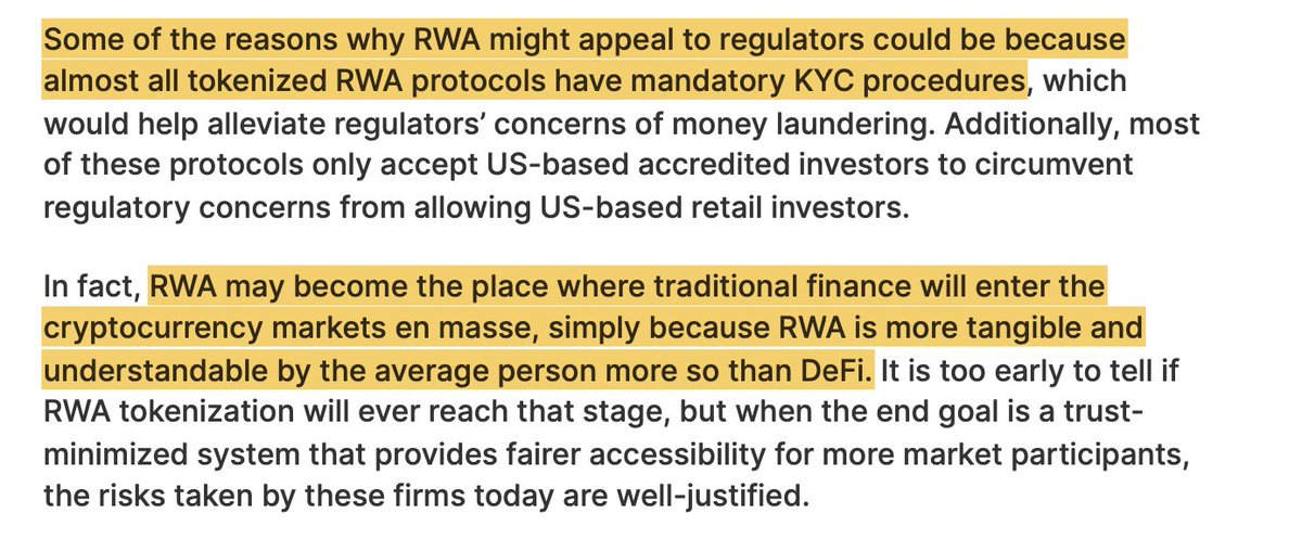 RWA_Market's tweet photo. @TheBlock__ @centrifuge @MakerDAO @AaveAave 8/ Some of the reasons why RWA might appeal to regulators could be because almost all tokenized RWA protocols have mandatory KYC procedures. https://t.co/YqbdseZYwN