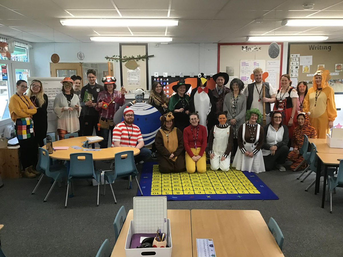 CloverfieldsSch's tweet photo. Team Cloverfields thoroughly embraced World Book Day today, just as much as our children did! How many characters do you recognise? #CloverfieldsReading https://t.co/pAGVoWATPG