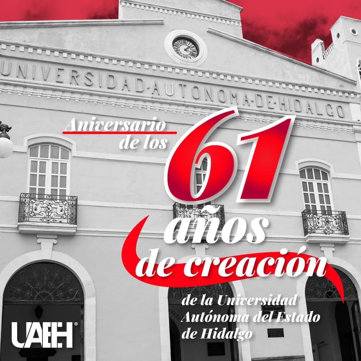 ¡Celebremos juntos el Sexagésimo Primer Aniversario de la creación de <a href="/UAEH_OFICIAL/">UAEH</a>! ¡Juntos hemos llegado muy alto! ¡Felicidades Comunidad Universitaria! ¡Felicidades Garzas! #UAEH #61Aniversario #Autónoma