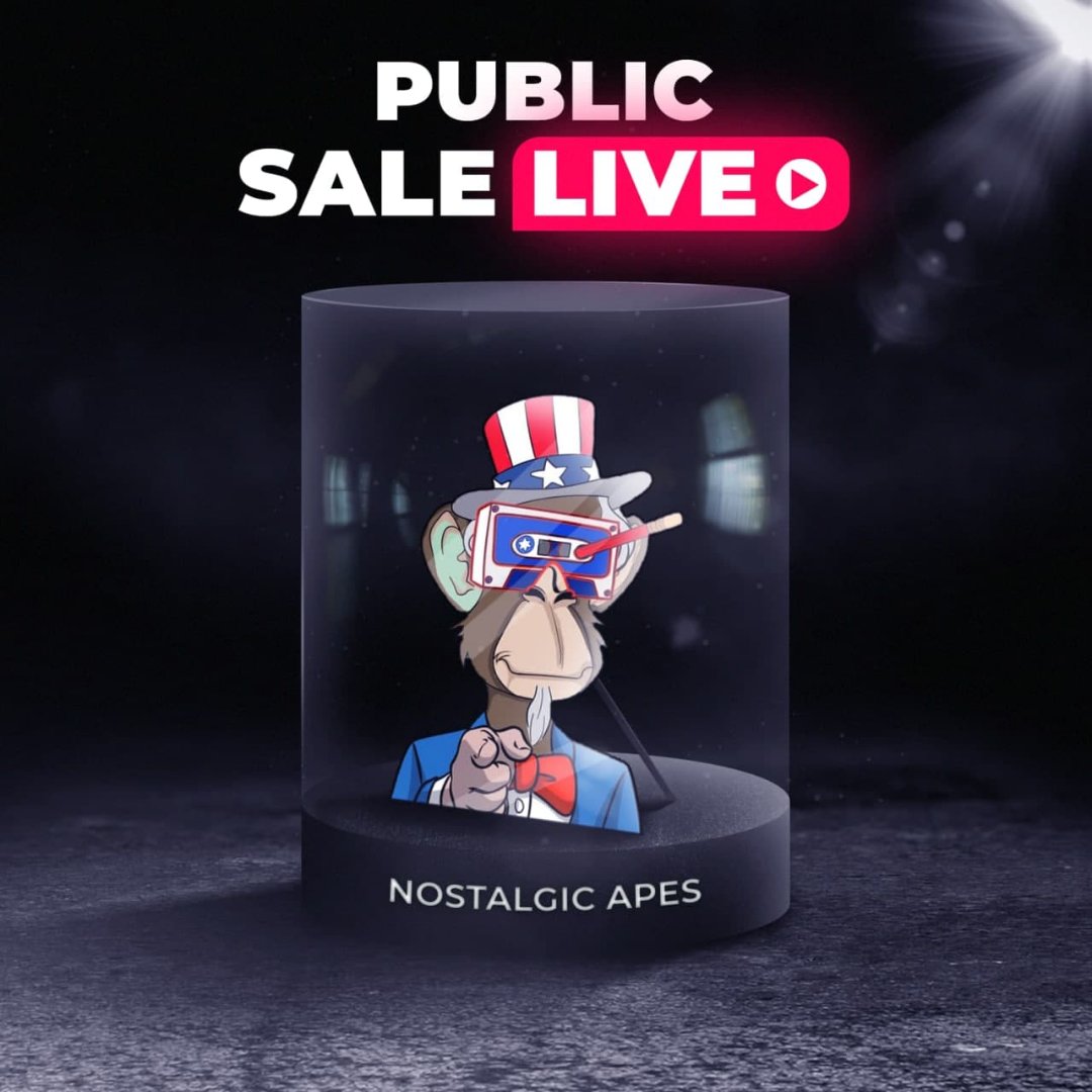 Nostalgic Apes NFT Public Mint is Live!
nostalgicapes.com/mintnftclub/ 
💰 Price- 0.11 ETH
📈 Max supply - 10,000
📈 Max NFT per wallet - 100
*First 500 wallets will share the profit from $350,000 Jackpot 🏆
#nft #nftart #nfts #nftartist #nftcommunity #nftcollector  #opensea #artwork