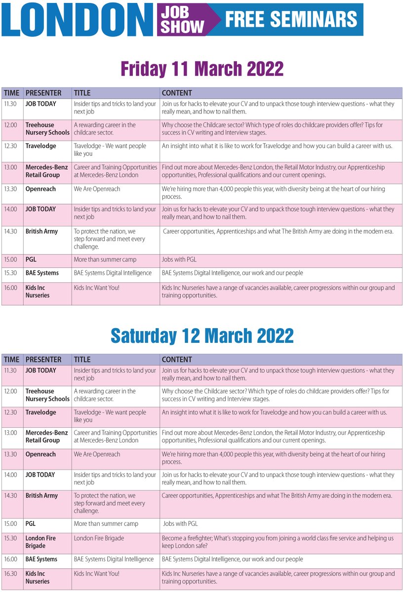 Check out the official Seminar Timetable for the upcoming London Job Show next week in Stratford!

This is such an amazing opportunity to learn from those that have the answers to the questions you may have!

For more info, click here! -> londonjobshow.co.uk/stratford/

#londonjobshow