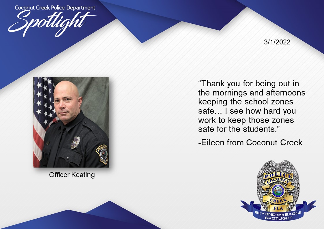 CoconutCreekPD's tweet photo. Eileen from #MyCoconutCreek recently emailed us thanking Ofc Keating for his presence in the #SchoolZones in the am &amp; pm, particularly around Johnson Rd &amp; Lyons Rd. Our #TrafficServicesUnit works together w/ drivers to #MakeaDifference on our roadways... https://t.co/UpR3imJM6w