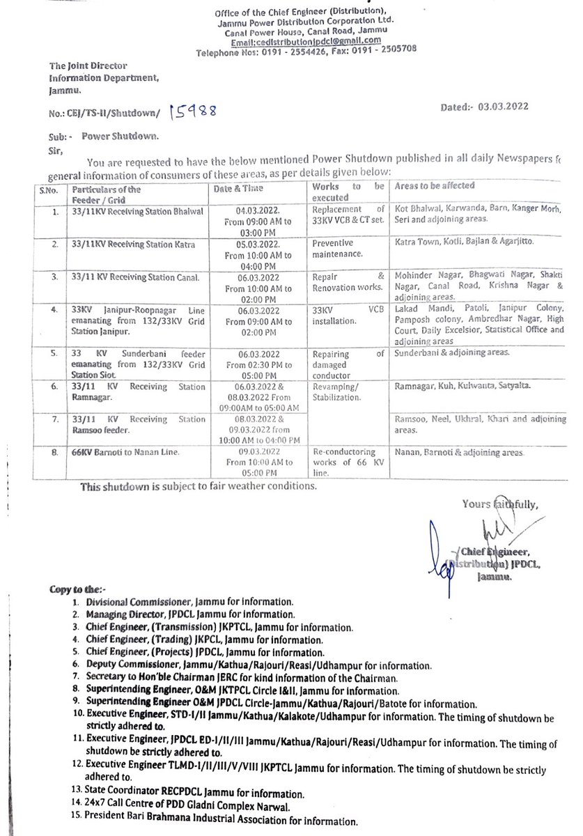Power Shutdown Schedule 
<a href="/pddjkofficial/">Power Development Department, J&K</a> @ShivAnantTayal <a href="/drtahirfirdous/">Dr. Tahir Firdous</a> <a href="/JPDCLofficial/">Jammu Power DISCOM</a> <a href="/ChiefJammu/">Chief Engineer Distribution, JPDCL Jammu</a> <a href="/udhadm/">DC Udhampur</a>