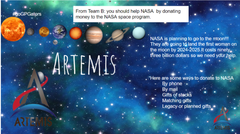 HughesGPGator's tweet photo. From Team B: you should help NASA  by donating money to the NASA space program. #GoGPGators #Goingtothemoon #NASAArtemisplan https://t.co/zj1Mc8AZ6S