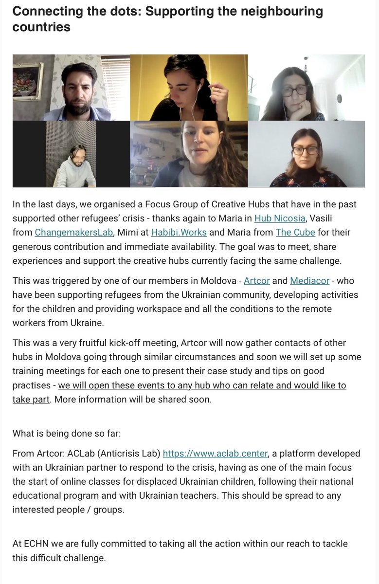 changemakerslab's tweet photo. Thank you to @CreativeHubsNet team for connecting us (#HubNicosia @HabibiWorks @CubeAthens) to excellent work of #Artcor in #Moldova, supporting #UkrainianRefugees!

#CreativeHubs #CoworkingSpaces #SDG17 #SDG16 #EURelocation #MigrationEU https://t.co/7LJA9GOhCd