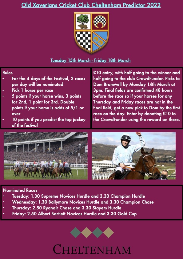 oldxavscc's tweet photo. 🏇OXCC Cheltenham Festival Predictor 🏇

Details of the OXCC Cheltenham Festival Predictor are below. 50/50 split to the winner and the crowdfunder (link to donate below). Get in touch with @dombram17 or this page for more info.

Good luck!

https://t.co/imEAKYmkQZ https://t.co/X7TMyQKtI6