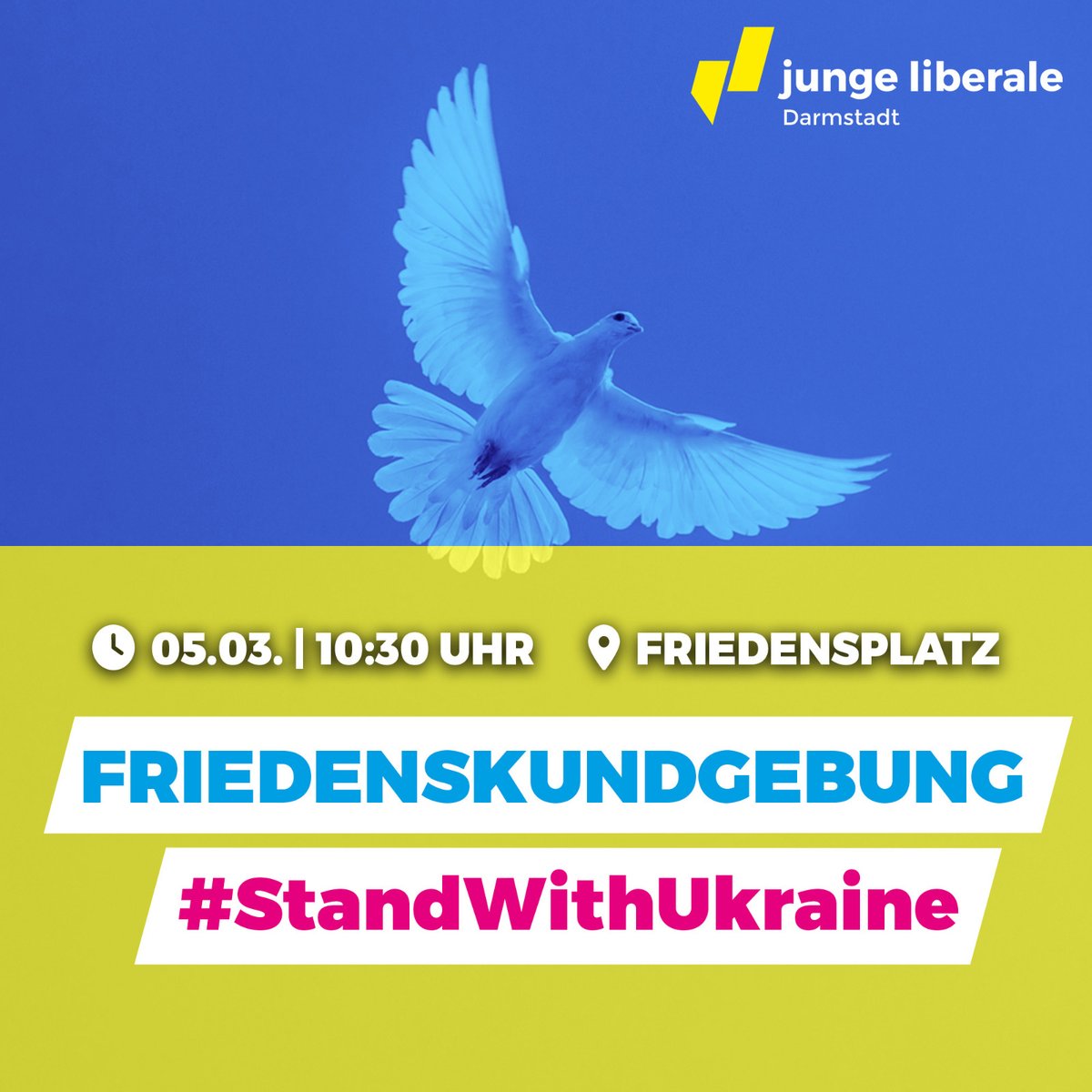 Wir solidarisieren uns weiterhin mit der Ukraine! 🇺🇦

Wir rufen zusammen mit weiteren Organisationen und Parteien aus Darmstadt gemeinsam zu einer weiteren Friedenskundgebung am kommenden Samstag, dem 5. März, auf. 

#StandWithUkraine #Darmstadt