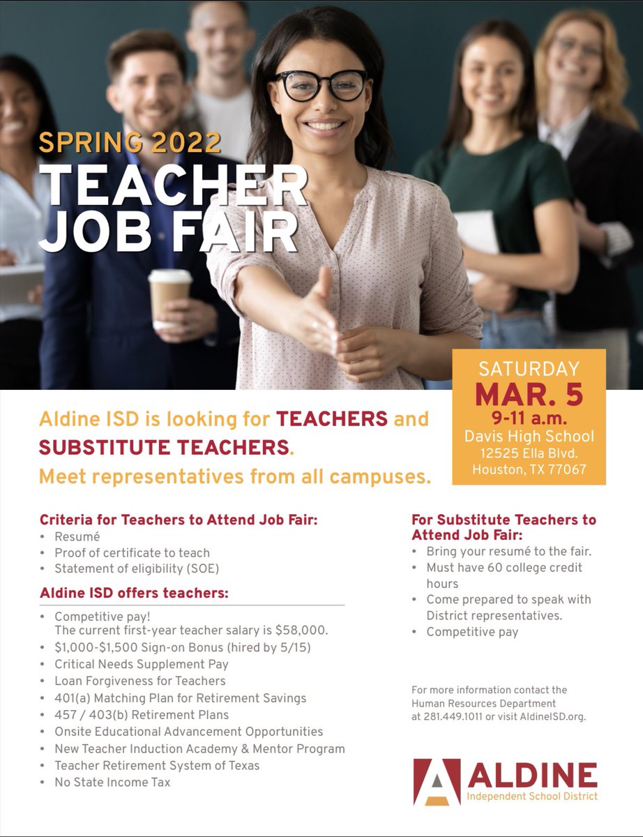 Aldine ISD is looking to hire teachers and substitutes. The district is hosting a job fair on Saturday, March 5, for potential teachers. Candidates can meet school principals and other leaders at the job fair. Read: bit.ly/36T7917