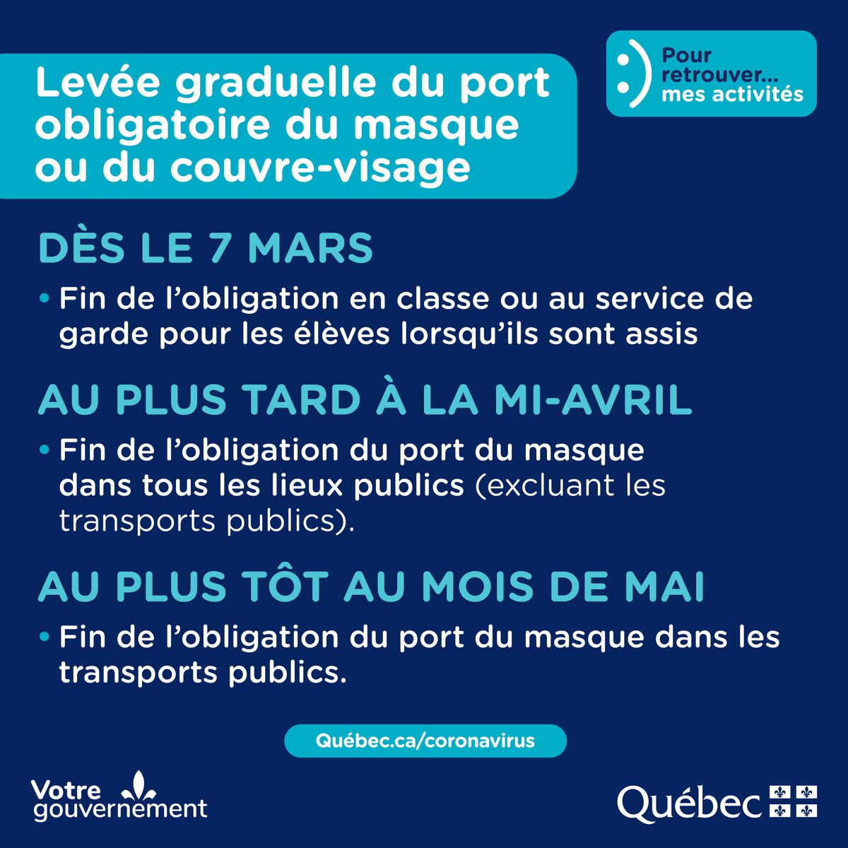 Hier, le premier ministre @francoislegault et le ministre de la Santé @cdube_sante ont annoncé le plan pour la levée graduelle du port du masque. Il s'agit d'une excellente nouvelle qui démontre que nous nous rapprochons encore plus d'un retour à la normale.