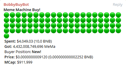 MeMaToken's tweet photo. Meme Machine has a LIVE B2B-service platform that generate external revenue streams. Profits from it are pumped back into the token with buybacks and more!

✅KYC/audit
✅CG/CMC/crypto.com
✅Launchpad &amp; dApps soon

Last buyback was at 10 BNB👇

#BSCgem #mematoken #MemaArmy #bnb https://t.co/yGvCIuDz1y