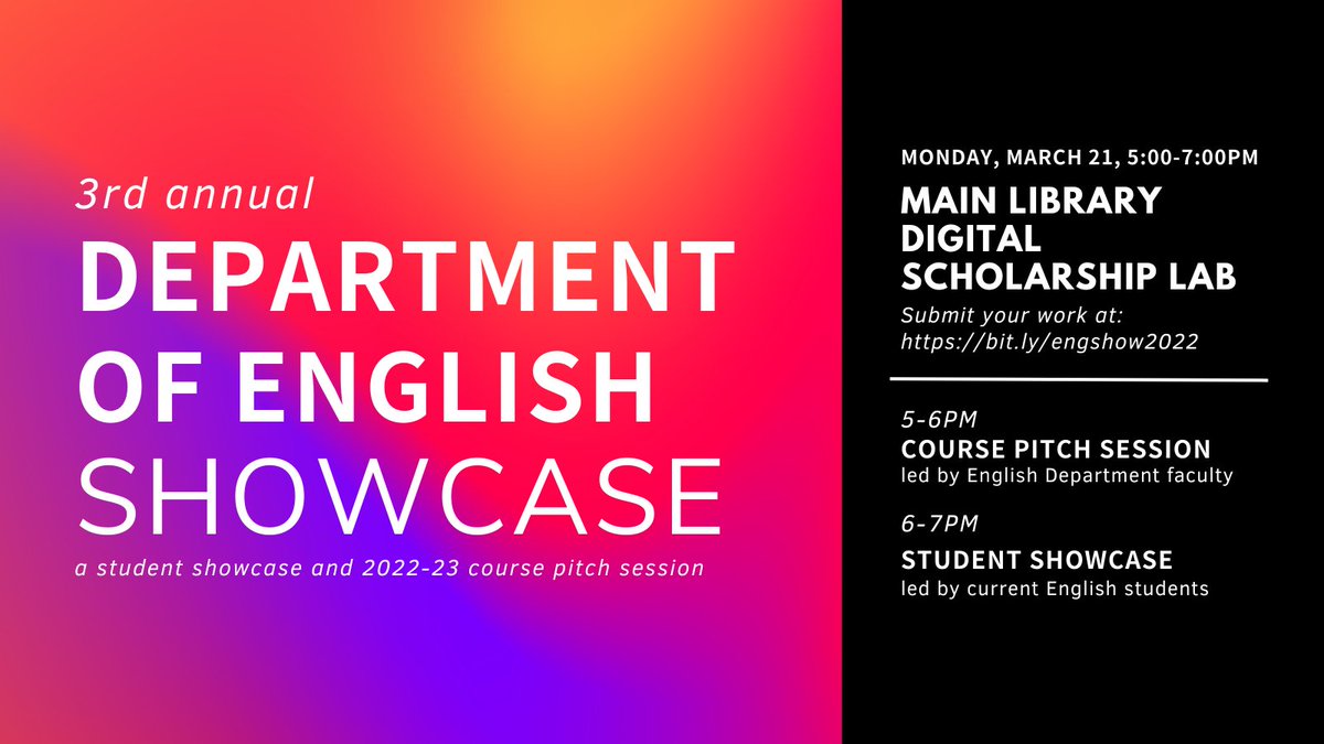 Join us on March 21st, at 5PM in the Main Library Digital Scholarship Lab for a discussion of student research and creative work and a preview of upcoming courses for the 2022-23 academic year. #MSUEnglish students interested in presenting can apply at: bit.ly/engshow2022