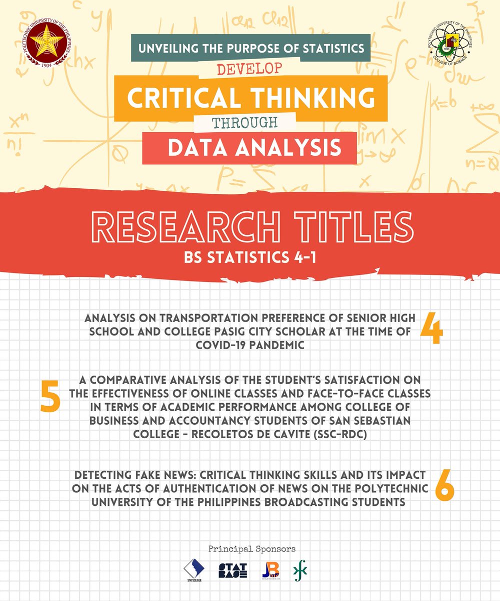 stat_base's tweet photo. Spearheaded by Bachelor of Science in Statistics 4-1 &amp; 4-2, we are pleased to invite the members of PUP Stats Clique to join on MARCH 7, 2022, 8AM to 5PM in our Research Colloquium, “Unveiling the Purpose of Statistics: Develop Critical Thinking Through Data Analysis” https://t.co/kZSwDpSlmt