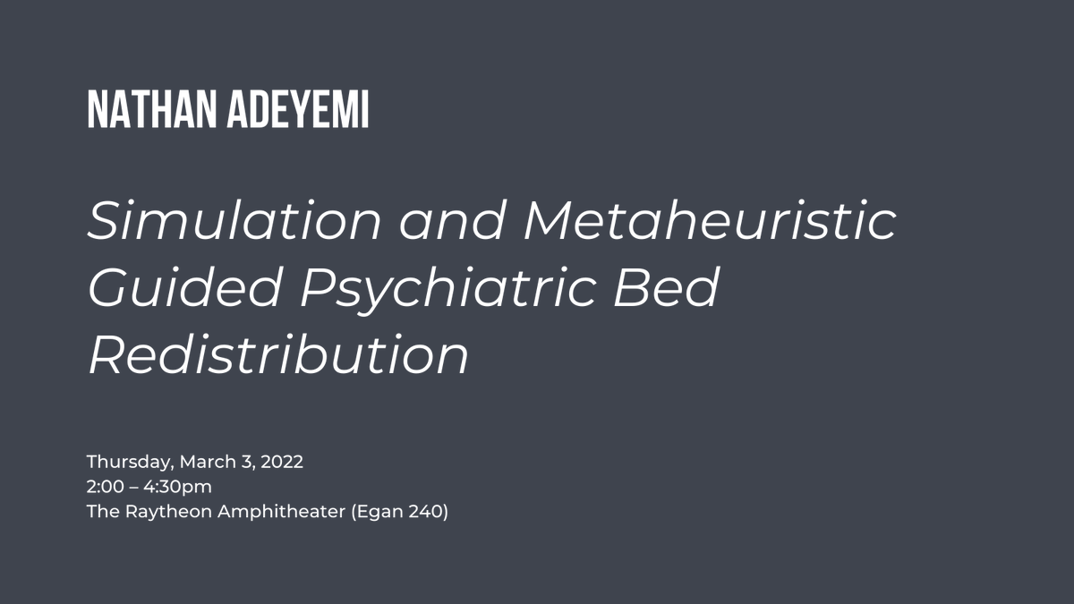 ORSJ_Lab's tweet photo. Don't miss our amazing lab member, Nathan Adeyemi, presenting TODAY at the COE PhD Research Expo at 2pm!

He will be presenting his work on "Simulation and Metaheuristic Guided Psychiatric Bed Redistribution". https://t.co/KOibr8RcmN