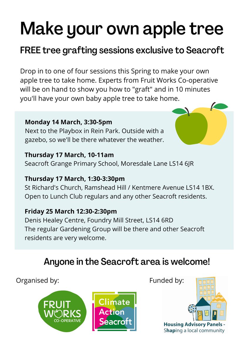 @SeacroftWombles @SeacroftForum @SCOT02939410 @LS14Trust Please share this chance for #Seacroft residents to make your own free apple tree with @ActionSeacroft on Mon 14th, Thurs 17th & Fri 25 March.