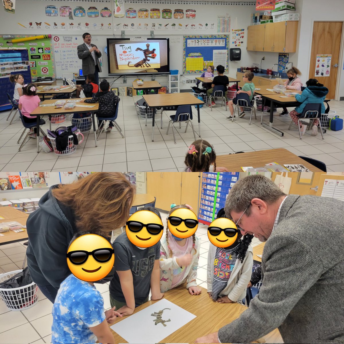 kindergartist's tweet photo. Today my good art friend @hundleysam came in and read his new book, Tag and the Magic Squeaker" to our class.  It was awesome learning about his creative process.  The kiddos had a lot of fun! @WIndsorWoodsES @vbschools https://t.co/HNiubgZhWp