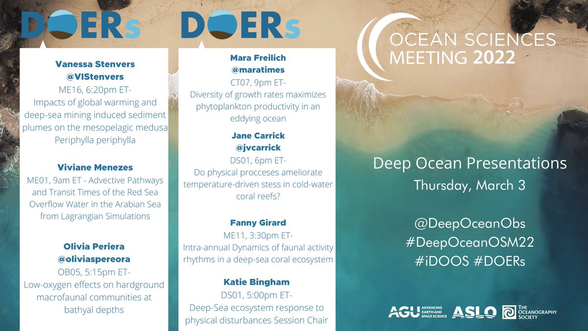 A big #DOERs day at #OSM22. Come support our #DeepSeaECRs at some #DeepOceanOSM22 talks! @VIStenvers @maratimes @jvcarrick @oliviaspereira