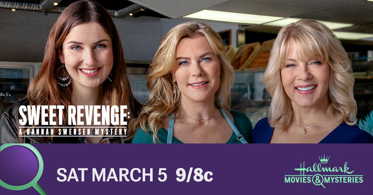 hallmarkmystery's tweet photo. Can baker extraordinaire Hannah @Ali_Sweeney balance her busy career and solve a murder? #Sleuthers, RETWEET if you're ready for cookies and clues in the Signature Mystery Sweet Revenge: A #HannahSwensen Mystery Saturday at 9/8c! 🍪🔎 https://t.co/4bheuRpflU