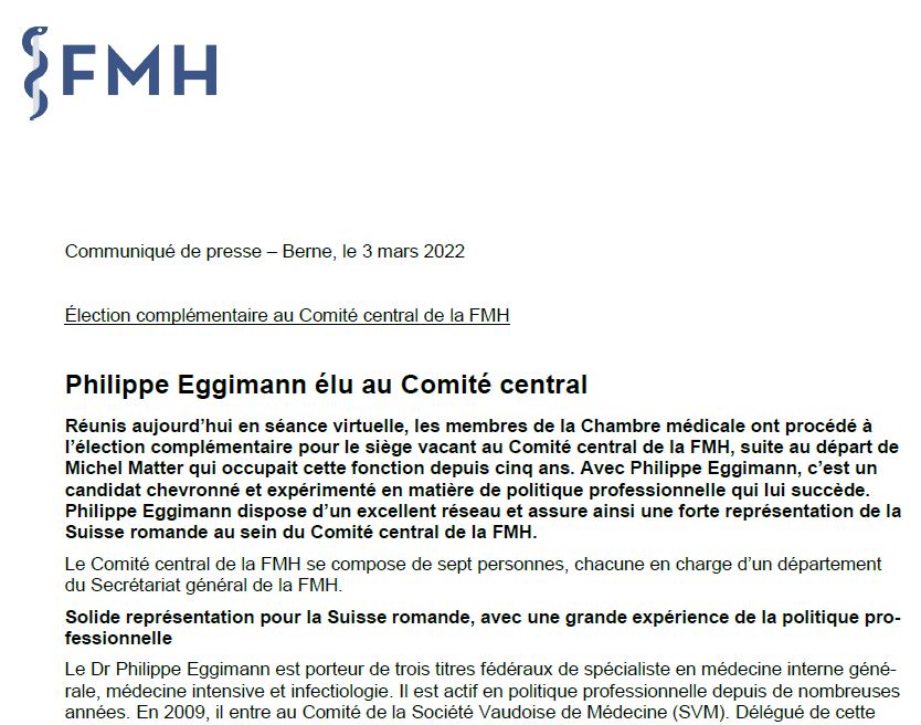 Élection complémentaire au Comité central de la FMH : Aujourd'hui, 3 mars 2022, les membres de la Chambre médicale ont élu Philippe Eggimann comme nouveau membre du Comité central de la FMH.

fmh.ch/files/pdf26/co…