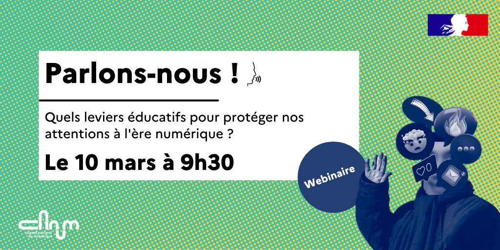 Conseil national du numérique (@cnnum) on Twitter photo #ParlonsNous 🗣️ | Quels leviers éducatifs pour préserver nos attentions à l'ère #numérique❓
Venez en débattre avec nos intervenants Bertrand de Faÿ, Renaud Hétier et <a href="/AxelleDesaint/">Axelle Desaint</a> 💬
🗓️ Le 10 mars à 9h30
🔗 Inscriptions 👉my.weezevent.com/parlons-nous-c… #ParlonsNous 🗣️ | Quels leviers éducatifs pour préserver nos attentions à l'ère #numérique❓
Venez en débattre avec nos intervenants Bertrand de Faÿ, Renaud Hétier et <a href="/AxelleDesaint/">Axelle Desaint</a> 💬
🗓️ Le 10 mars à 9h30
🔗 Inscriptions 👉my.weezevent.com/parlons-nous-c…