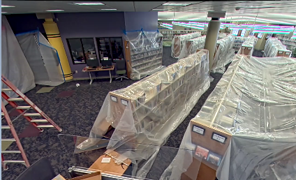 Siouxlandlib's tweet photo. Shelves at the Ronning Branch are prepped with plastic shrouds, renovation-ready. 🚧 

Dexter is NOT a part of this project. That we know of. https://t.co/87FFs84qDX
