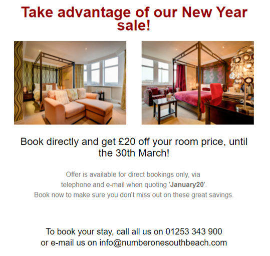 Take advantage of £20 off per night when you book directly with us. 

See the picture below for more details on how to redeem this offer.