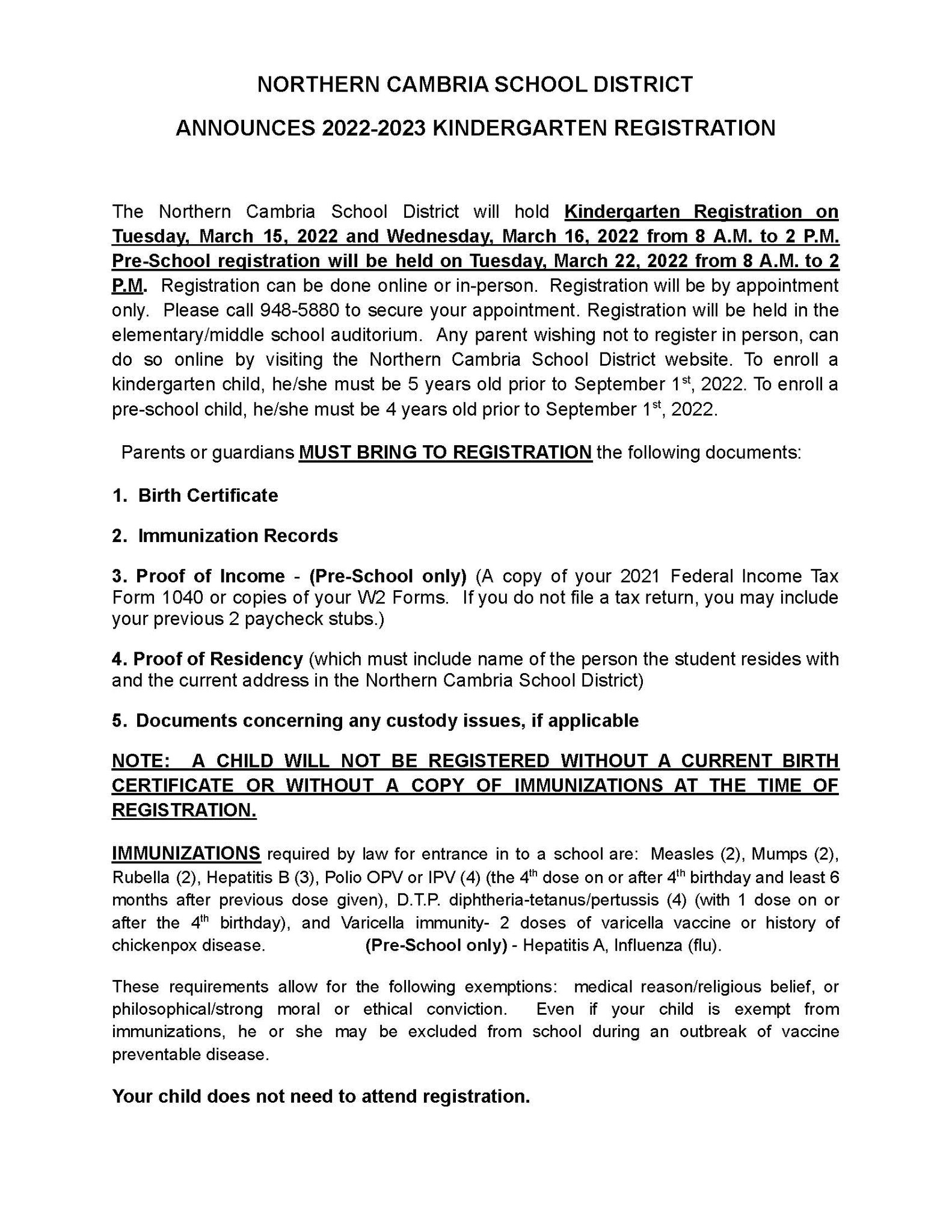 Northern Cambria School District on Twitter "Kindergarten Registration
