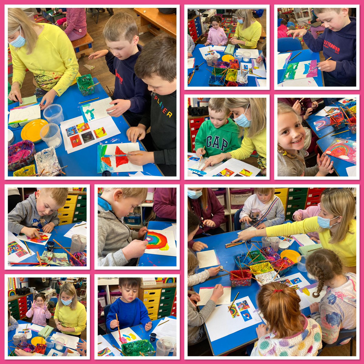 YsgolCiliauParc's tweet photo. Diwrnod llawn lliw heddiw! Diolch i @rhiannon_art am ymweld â ni heddiw. Pob un plentyn wedi creu darn o waith unigryw. We had a busy day working with the local #artist Rhiannon. Do you like our #colourful artwork? #DosbarthCadwgan #Cychod #Enfys #Rainbow #HotAirBalloons #Celf 🎨 https://t.co/ccqcGA9kYy