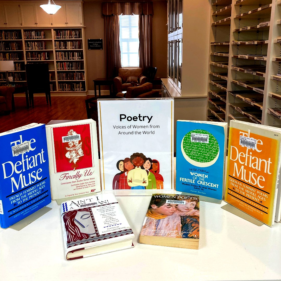 EHCLibraries's tweet photo. Do you enjoy reading poetry? Have you had the opportunity this semester to visit the #KellyLibrary and browse the shelves of the Denham Poetry Collection? Interested in reading poetry written by women around the world? Check out some of the items we have on display! https://t.co/C4Lhhul7vM