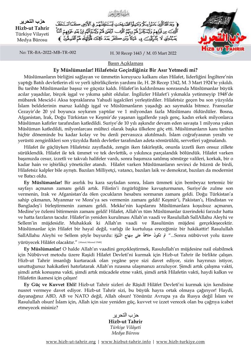 MustafaKILIC_X's tweet photo. Ey Güç ve Kuvvet Ehli! Hizb-ut Tahrir sizleri de Râşidî Hilâfet Devleti’ni kurmak için kendisine nusret vermeye davet ediyor. 

İslam için, Allah için size yeniden güç, kuvvet ve izzet verecek olan bu çağrıya icabet etmeyecek misiniz?

#KrizlerinÇözümüHilafet https://t.co/AmfFvx8aN3
