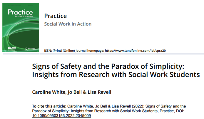 carolinannwhite's tweet image. New paper with Jo Bell and @LisaRevell_hull published today - Signs of Safety and the Paradox of Simplicity. Findings from our research on students' experiences of #signsofsafety training and on placement tandfonline.com/doi/full/10.10…