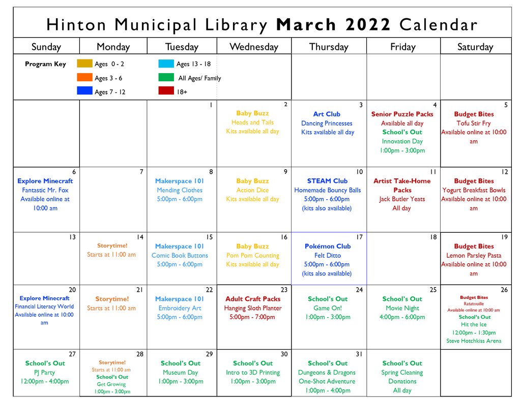 *NEW* Check out our updated calendar for March!
Visit our Facebook page for more details! 📚