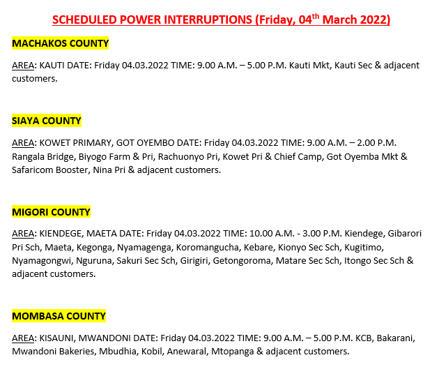 KenyaPower_Care's tweet photo. Hello, these areas will be affected by planned power interruptions tomorrow: ^BT https://t.co/xV8k2L7MPc