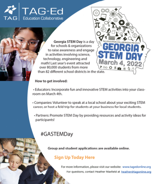 getHYPE_Inc's tweet photo. This Friday, HYPE will participate in Georgia STEM Day 2022, organized by TAG-Ed (Technology Association of Georgia Education Collaborative).
Find out how you can participate this year by visiting https://t.co/791kJ98GyV
#gethype #hopeforyouth #GASTEMDay #TAGThink https://t.co/9gDKxGCzr2