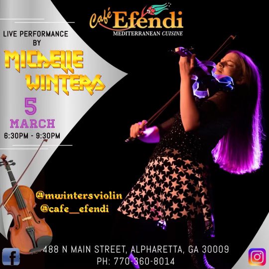 MWintersViolin's tweet photo. This Saturday, I’ll be at Cafe Efendi from 6:30-9:30. If you’re in the area, come check it out! It’ll be a lot of fun ☺️ #alpharetta #livemusic #cafeefendi https://t.co/yTXYJabnBx