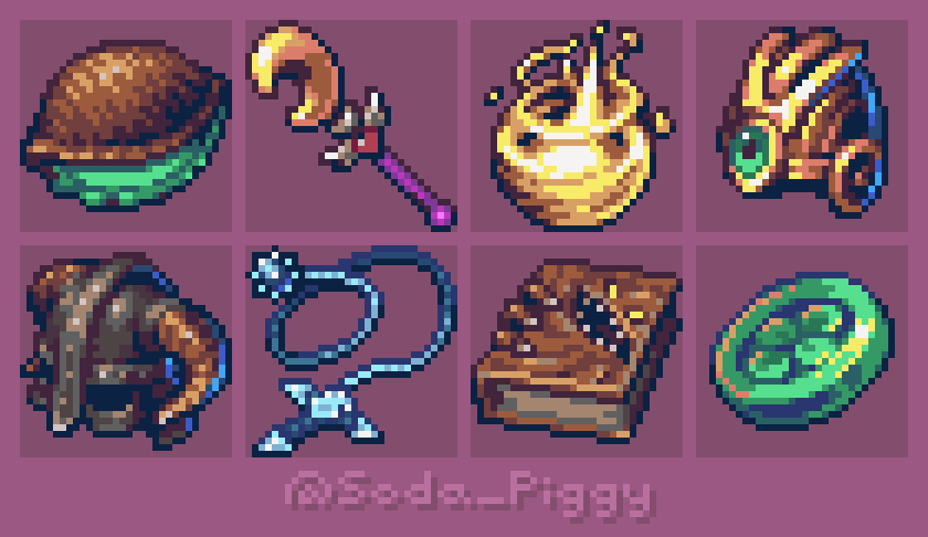 Soda_piggy's tweet photo. every one of these #pixelart #icon are a reference to something... can you name them all?! 10 points to whoever names all 8. #gamedev #indiedev #WIP https://t.co/UkLGsak6nz