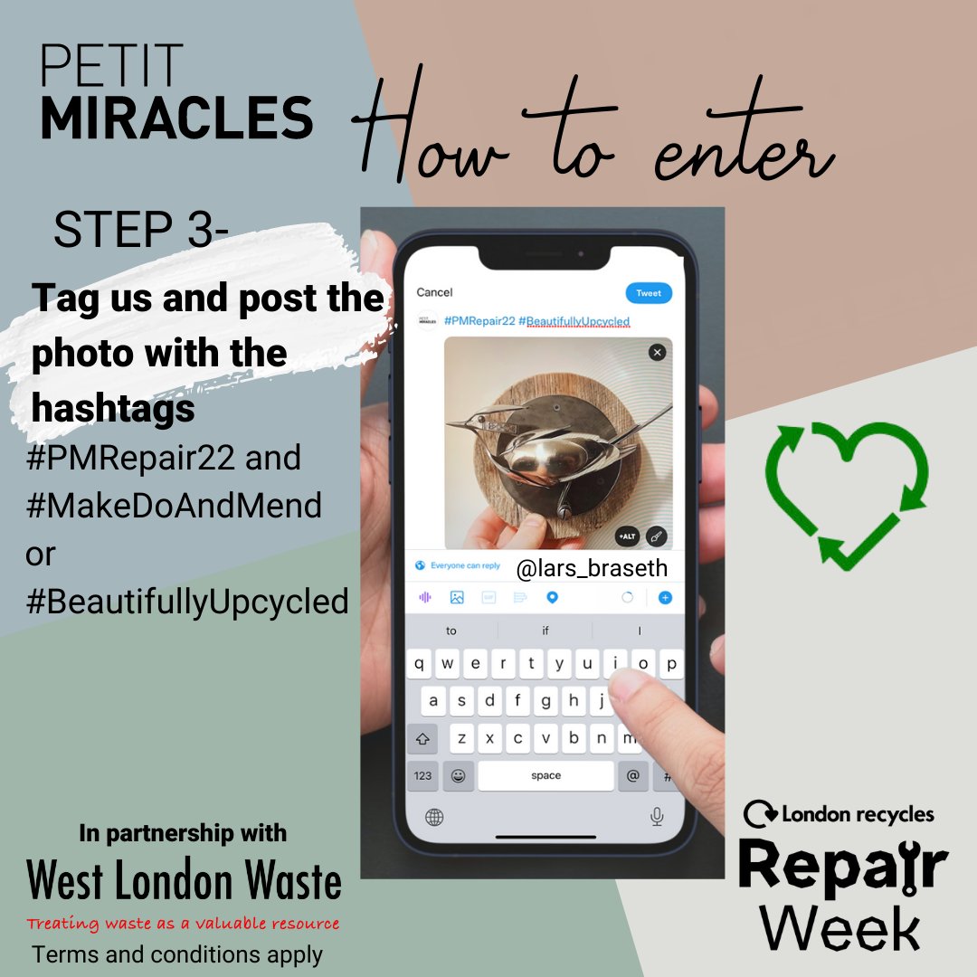 petitmiracles's tweet photo. Want to win a FREE WORKSHOP?!
As part of @LondonRecycles #RepairWeek2022 We're offering 2 followers the change to win a free workshop
T's and C’s apply. Follow us to find out more! 
This has been made possible by our partnership with @WestLondonWaste #ReduceReuseRecycle https://t.co/RMjiVTCC1g