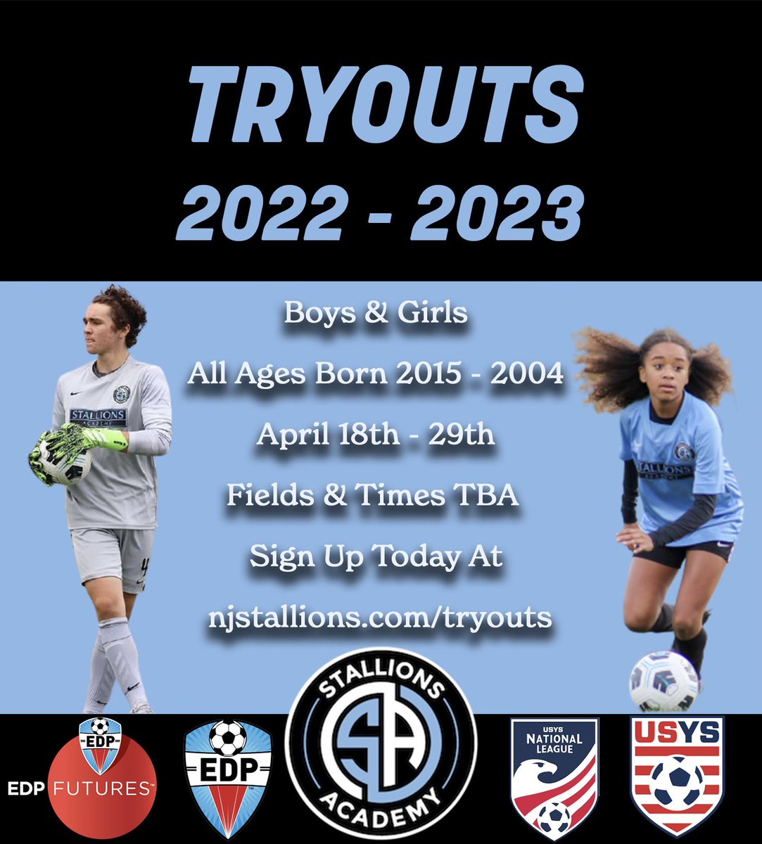 NJStallions's tweet photo. NJ Stallions Academy Tryout Registration for the 2022-2023 Season is now open! Sessions will be held 4/18-4/29. Fields and times TBA. Sign up early! Go to https://t.co/9q6wbYod6f to register. #njstallions #edpsoccer #njyouthsoccer https://t.co/J53Mzpmq3g