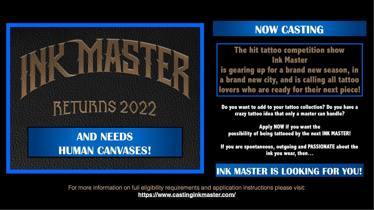 IMCANVASCASTING's tweet image. Pssstt... we're back! NOW CASTING HUMAN CANVASES FOR THE UPCOMING SEASON OF INK MASTER!!!!!! 🙌🙌 TO APPLY: castinginkmaster.com/human-canvas-a…  (pass it along) 
#CASTING #CASTINGCALL #HUMANCANVAS #INKMASTER #TATTOOS #APPLYNOW