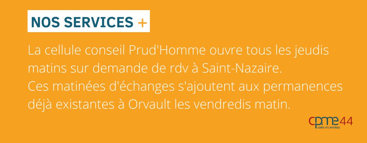 La cellule conseil Prud’homme de la <a href="/cpme44/">CPME 44</a> ouvre une permanence à St-Nazaire les jeudis matin sur rdv
🤝 Conseiller, mettre en garde
🚨 Alerter et orienter les entrepreneurs 
⚖ Permanences assurées par les conseillers prud'homaux de la <a href="/cpme44/">CPME 44</a>
<a href="/ChristopheDur17/">Christophe Durand</a> <a href="/GDreniaud/">Guillaume Dreniaud</a>