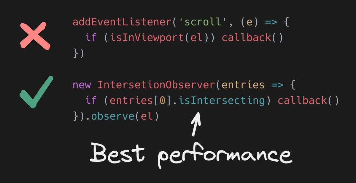 Steve8708's tweet photo. Performance tip: use IntersectionObserver instead of scroll events for a faster way to detect when elements are in the viewport

Learn more: https://t.co/4gsR6DSvG4 https://t.co/OuyMOzix5U
