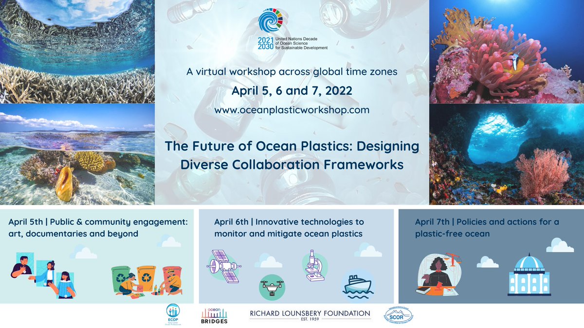 📌Save the Date! | 5, 6 and 7 April 2022
   🌊#oceanplasticworkshop 

Join us for interactive stakeholder engagement discussions on ocean plastics:
👥 Public engagement
🛰️ Innovative technologies
🤔 Policies and actions

oceanplasticworkshop.com
To register:shorturl.at/xzIL8