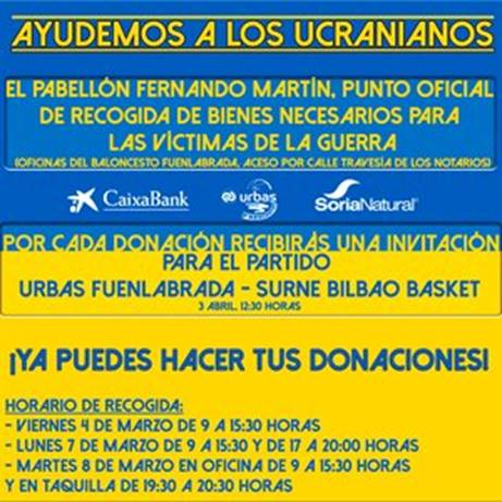 👏 El pabellón del Urbas <a href="/BFuenlabrada/">Flexicar Fuenlabrada</a> se convierte en un punto de 𝐫𝐞𝐜𝐨𝐠𝐢𝐝𝐚 𝐝𝐞 𝐦𝐚𝐭𝐞𝐫𝐢𝐚𝐥 𝐲 𝐚𝐥𝐢𝐦𝐞𝐧𝐭𝐨𝐬 para las víctimas de la guerra de Ucrania.

➡️ Recogida este viernes y los próximos lunes y martes
➡️ Donaciones el día de partido ante el <a href="/FCBbasket/">Barça Basket</a>