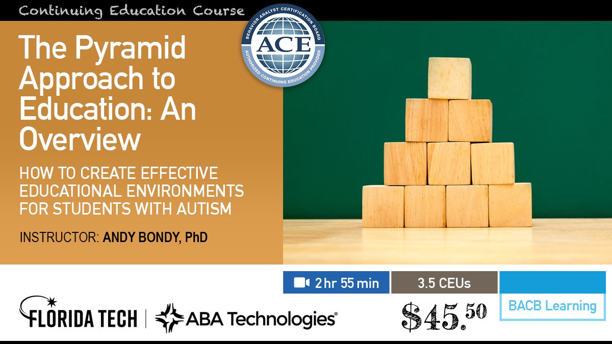 abatechnologies's tweet image. Register: …oridatechce.pdx.catalog.canvaslms.com/browse/behavio…
The #PyramidApproach to #Education: An Overview
This course shows how to create effective educational environments for students with autism or related #developmentaldisabilities while attending to data collection and analysis.
#ceu #bcba #bcaba