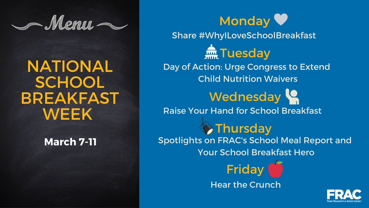 fractweets's tweet image. Next week is #NSBW22! Celebrate National School Breakfast Week with FRAC by sharing #WhyILoveSchoolBreakfast, joining a #ChildNutrition Waiver Day of Action, raising your hand for #schoolbreakfast, participating in Hear the Crunch, and more!