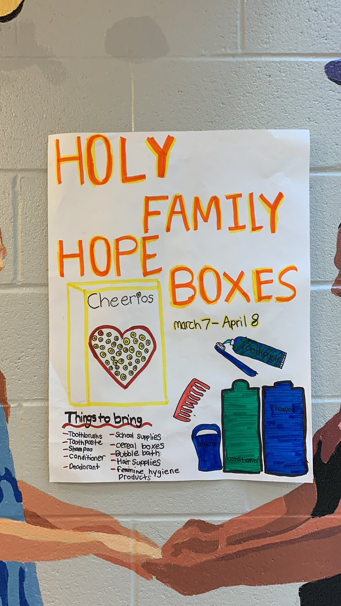 Youth Faith Ambassador’s Lenten Holy Family Hope Boxes ! We are filling empty cereal boxes with essential items for children in need. We are accepting empty cereal boxes and donations of socks, hygiene products and school supplies! Thank you !