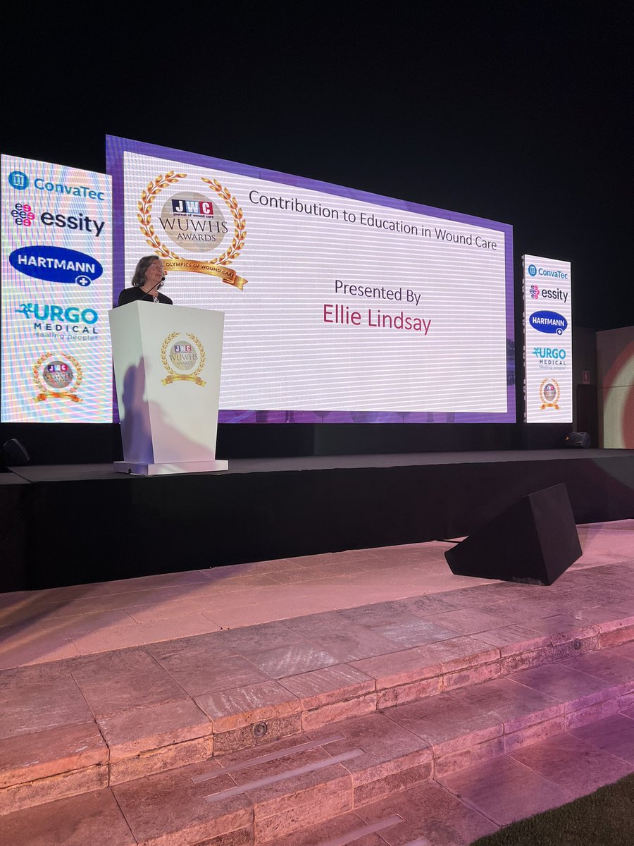 The first award, Contribution to Education in Wound Care, is supported by the Lindsay Leg Club. Its founder, Ellie Lindsay, takes to the stage to announce the winner #WUWHS2022 <a href="/JWCeditor/">Journal of Wound Care</a>