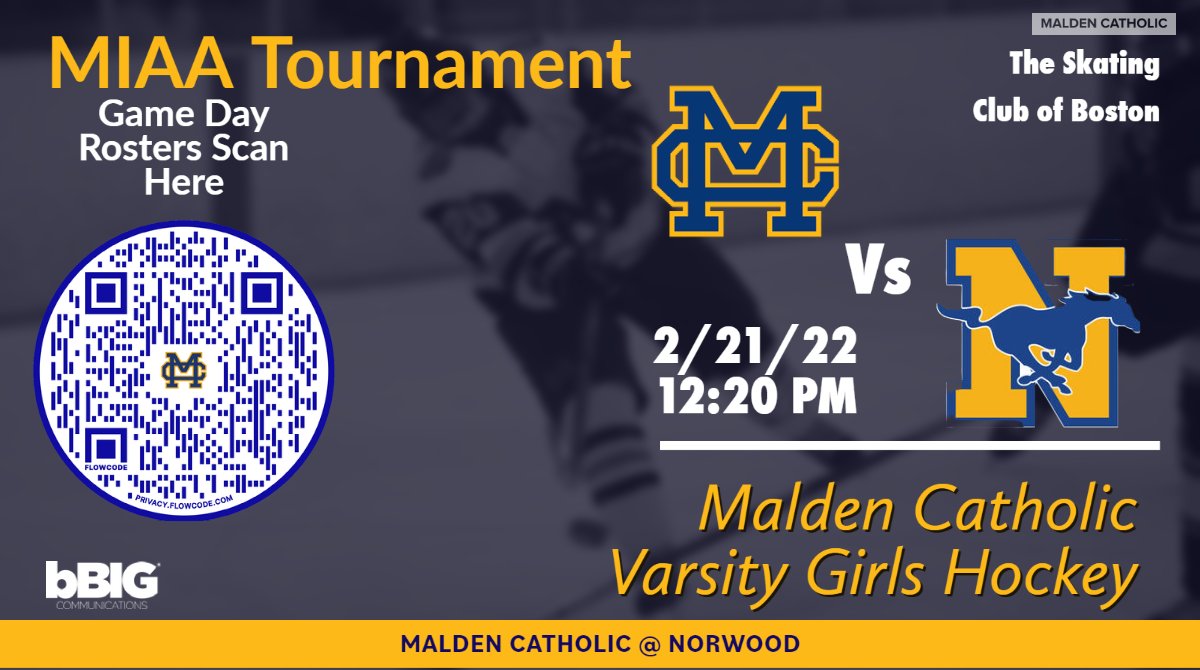 MCathletics1's tweet photo. Good luck to #19 @MaldenCatholic Varsity Girls Hockey who, in just their second year of a program, travels to #14 @NHS_Mustangs (The Skating Club of Boston in Norwood) in @MIAA033 Tournament action. You can catch all the action livestreamed at: https://t.co/UEntmB0Rke #WeAreMC https://t.co/OgSEKD4N96