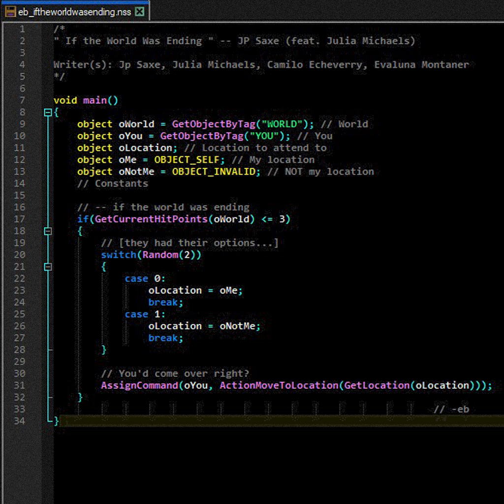 If JP Saxe's "If the World Was Ending" transcribed into a C++, more or less [using <a href="/BioWare/">BioWare</a>'s ol' Odyssey] --