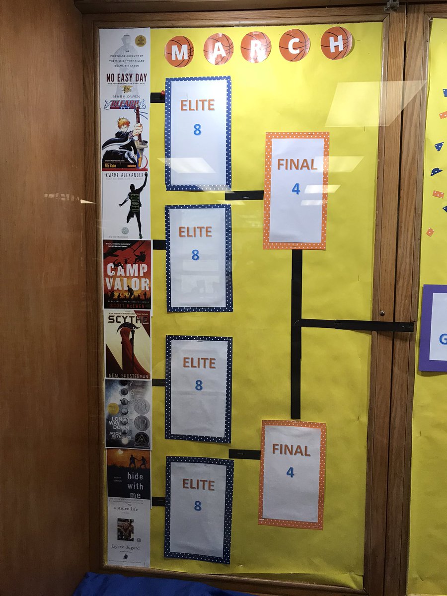 Mrs_Furukawa's tweet photo. 🍀🏀 It’s literary #MarchMadness for the whole campus!! Our 16 competitors were selected from our most highly circulated titles this year, so the competition should be fierce. Can’t wait to crown the 2022 South Campus Book of the Year before spring break! 👑📖
#SchoolLibrary https://t.co/lDJGYDg0OQ